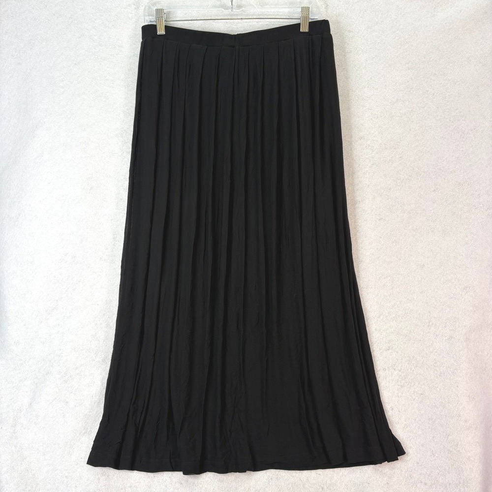 Eileen Fisher Silk Crepe Pleated Maxi Skirt Black Womens M Minimalist Luxury